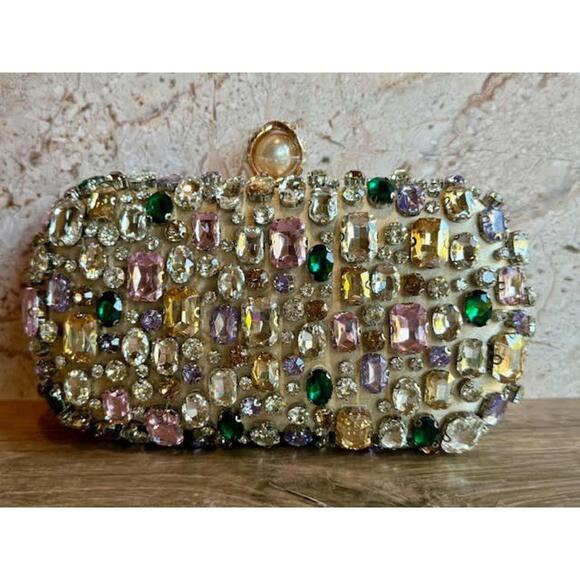 NWT Gold Multi-Color Crystal Rhinestone Evening Clutch Bag Wedding Formal Purse